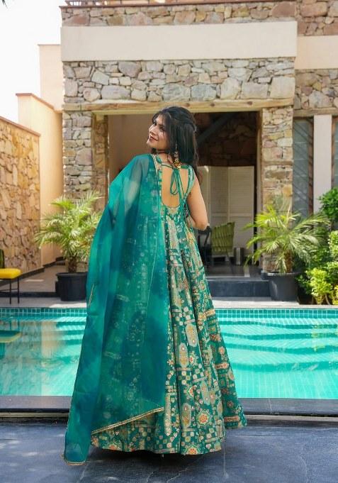 Sea Green Printed Silk Anarkali Set With Dupatta