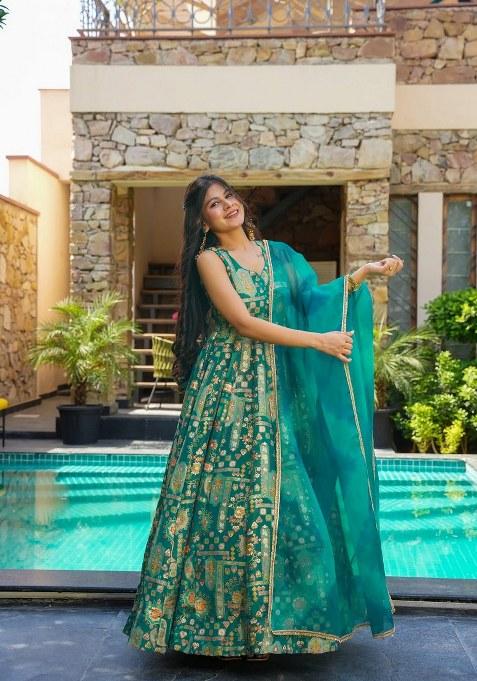 Sea Green Printed Silk Anarkali Set With Dupatta