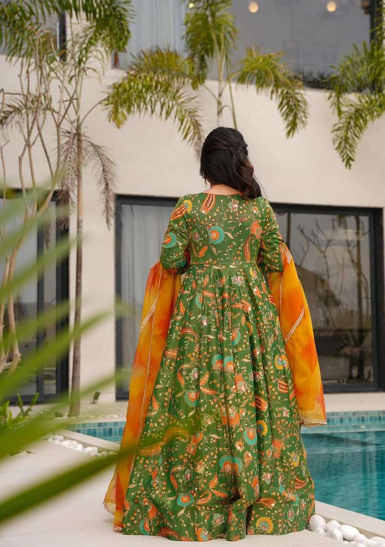Mehendi Green Printed Silk Anarkali Set With Dupatta - Indya