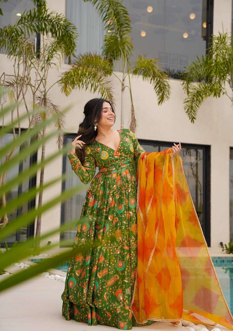 Mehendi Green Printed Silk Anarkali Set With Dupatta - Indya
