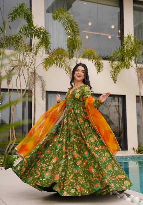 Mehendi Green Printed Silk Anarkali Set With Dupatta