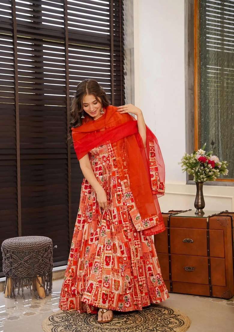 Rust Brown Printed Silk Anarkali Set With Dupatta - Indya
