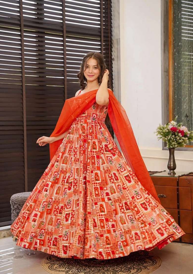 Rust Brown Printed Silk Anarkali Set With Dupatta - Indya