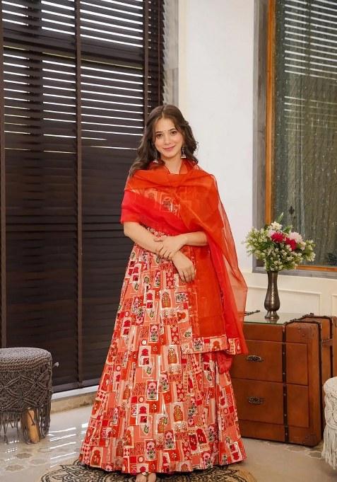 Rust Brown Printed Silk Anarkali Set With Dupatta