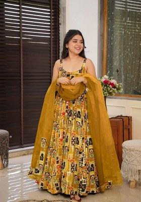 Olive Printed Silk Anarkali Set With Dupatta