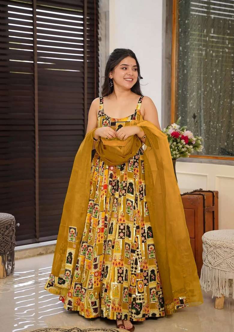 Olive Printed Silk Anarkali Set With Dupatta - Indya