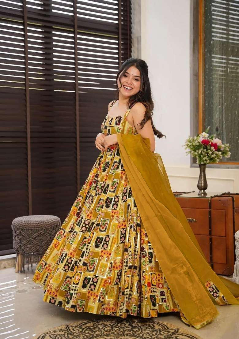 Olive Printed Silk Anarkali Set With Dupatta - Indya