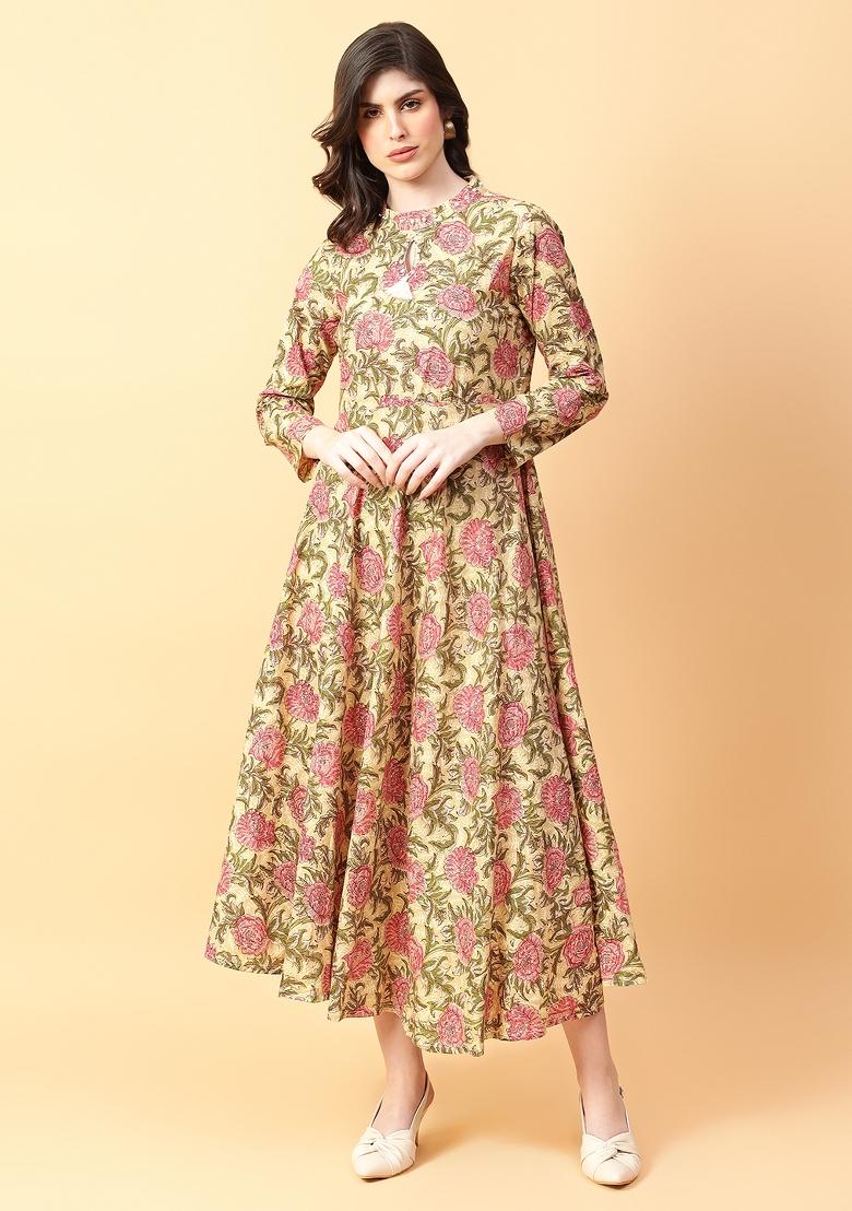 Beige embroidered Cotton Dress