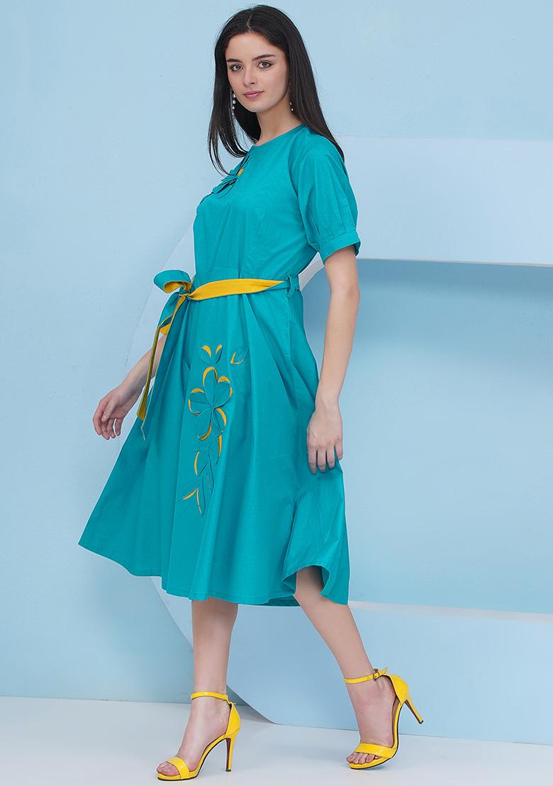 Teal Blue Embroidered Popline Dress