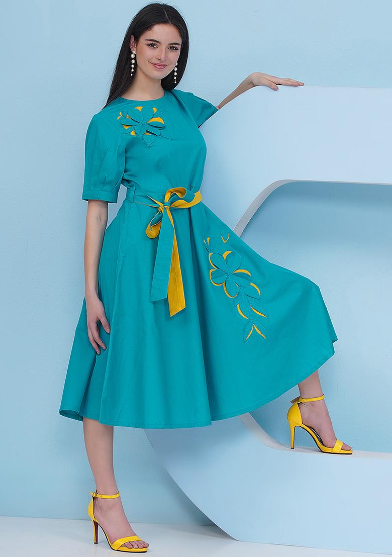 Teal Blue Embroidered Popline Dress