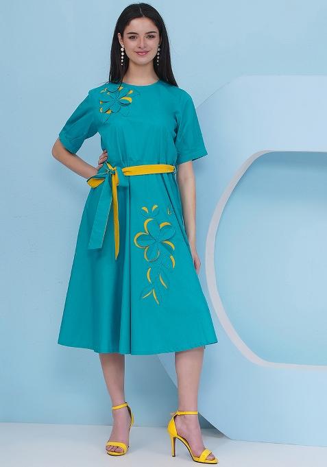 Teal Blue Embroidered Popline Dress