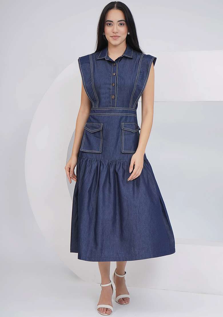 Blue Embroidered Denim Dress - Indya
