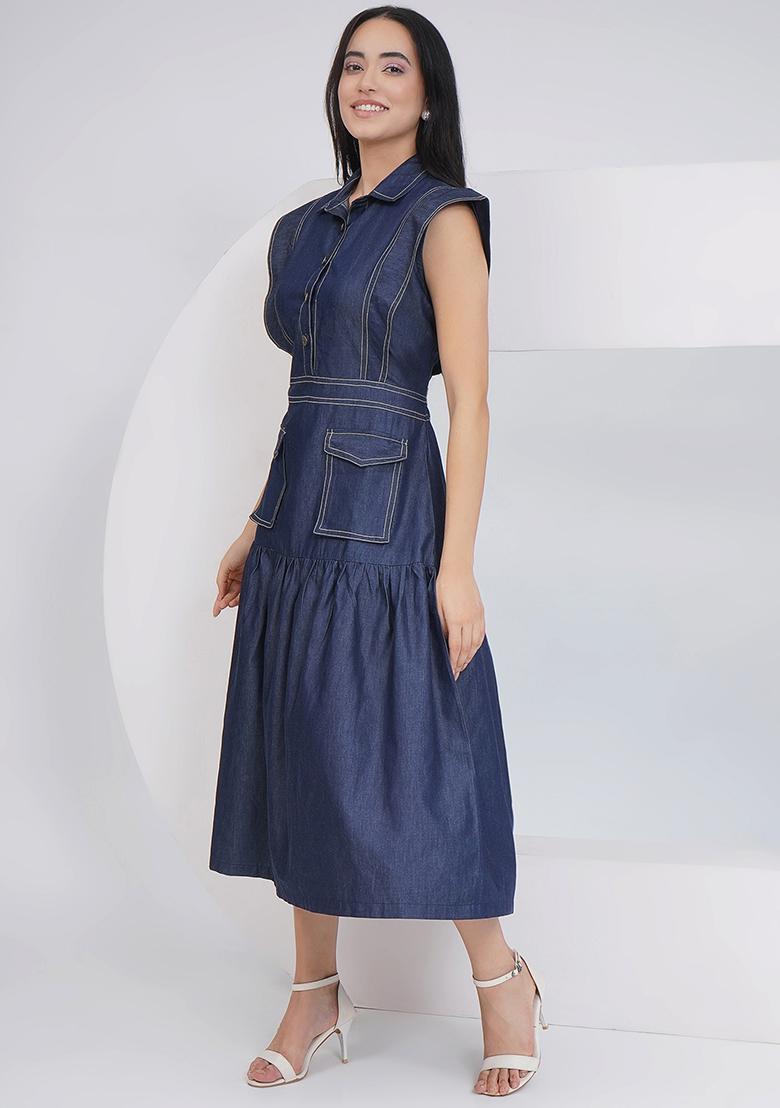 Blue Embroidered Denim Dress