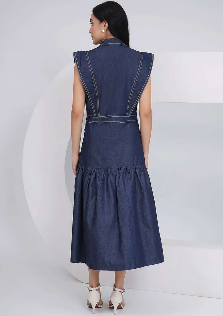 Blue Embroidered Denim Dress - Indya