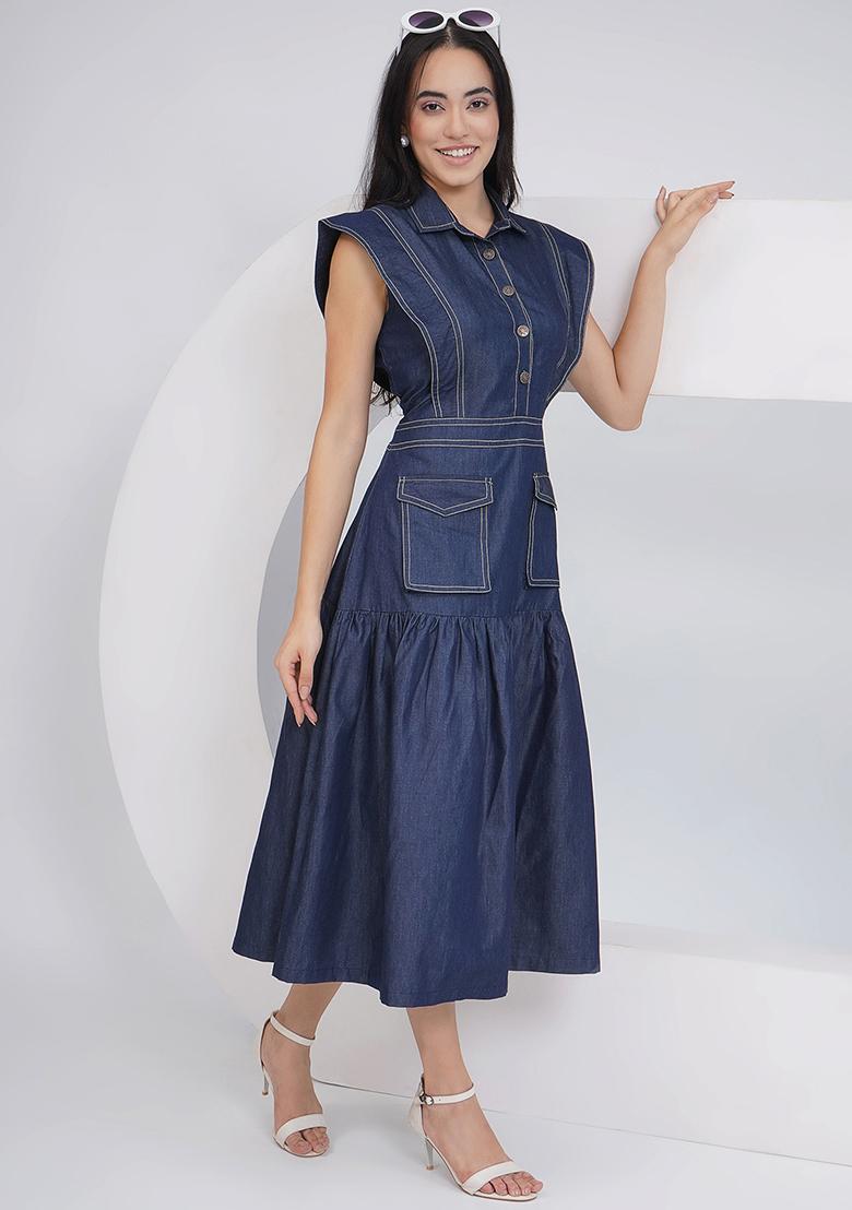 Blue Embroidered Denim Dress