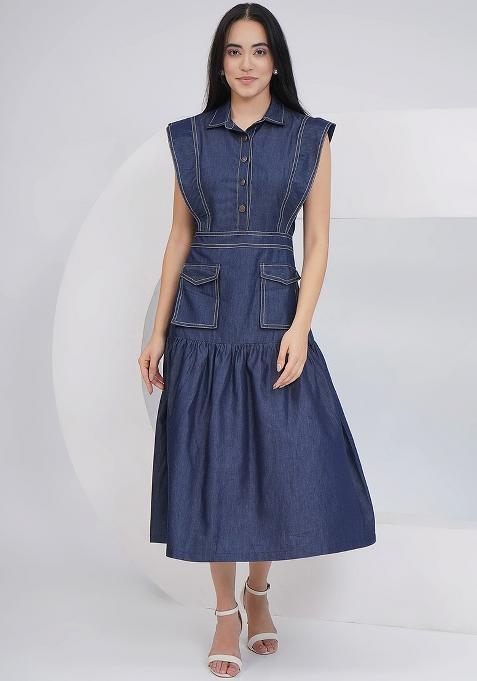 Blue Embroidered Denim Dress