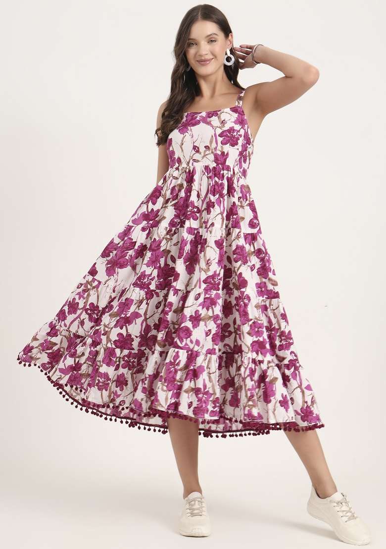 Purple Floral Print Cotton Gown for Diwali and Festive Wear - Indya
