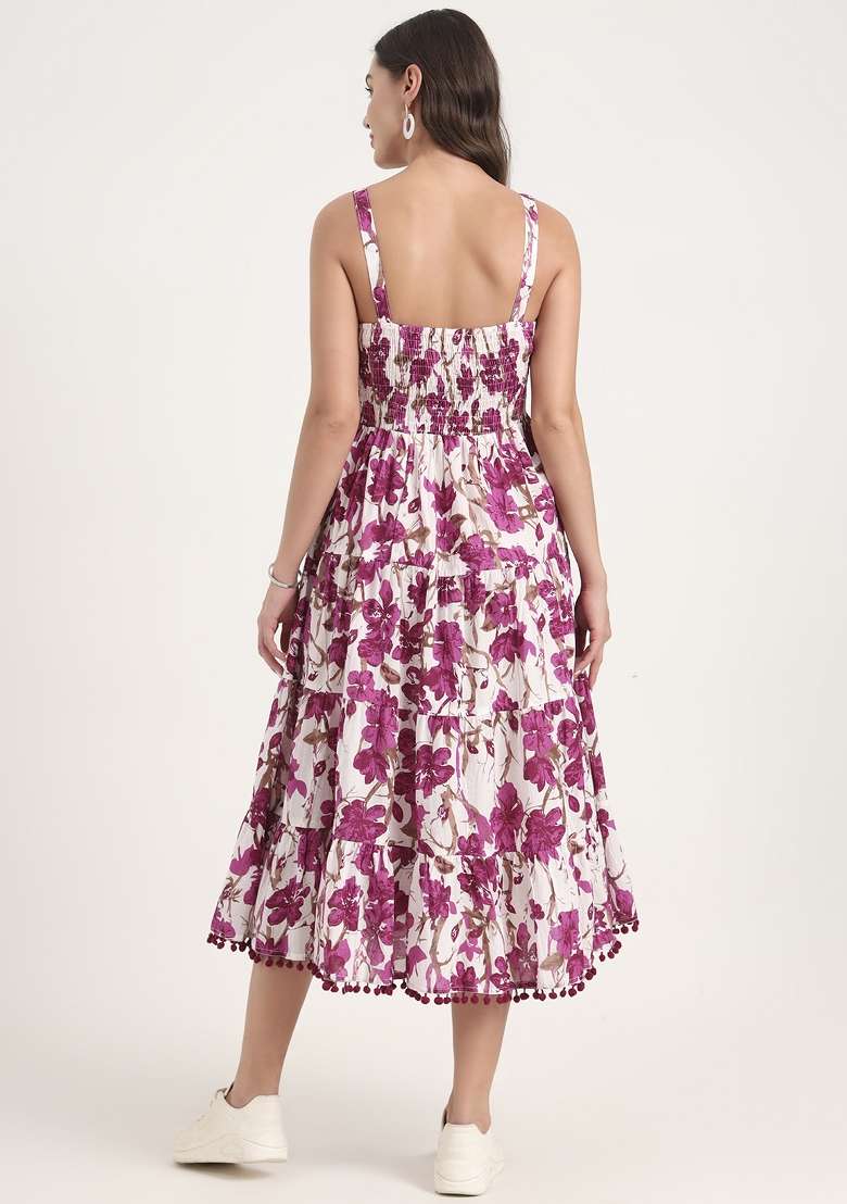 Purple Floral Print Cotton Gown for Diwali and Festive Wear - Indya