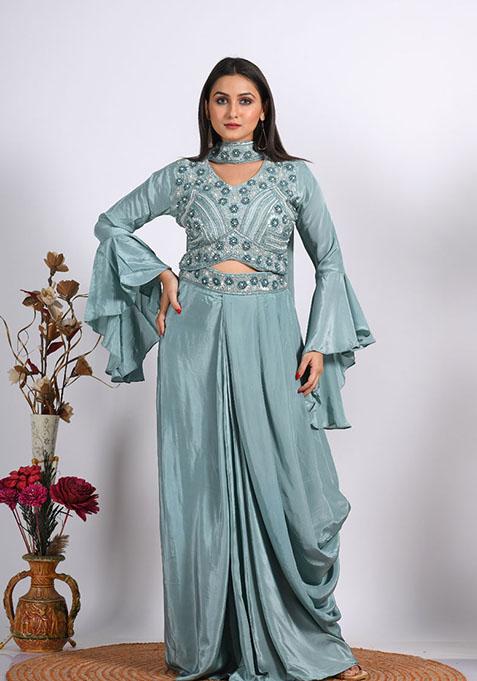 Grey Embroidered Organza Palazzo Set