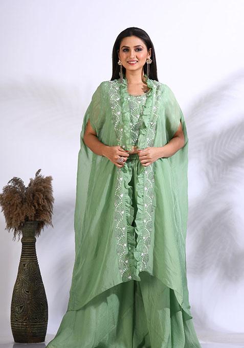 Green Embroidered Organza Palazzo Set