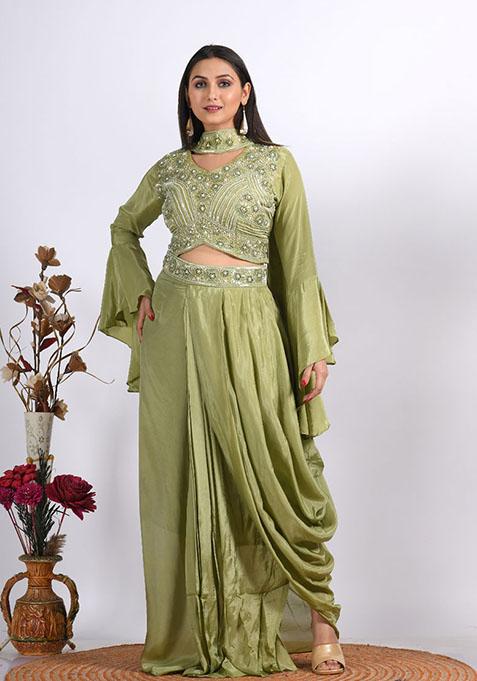 Green Embroidered Pure Crepe Palazzo Set