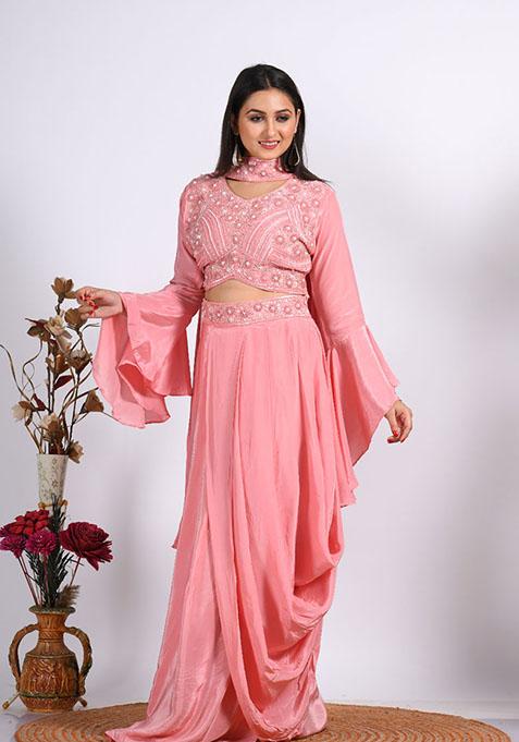 Peach Embroidered Pure Crepe Palazzo Set