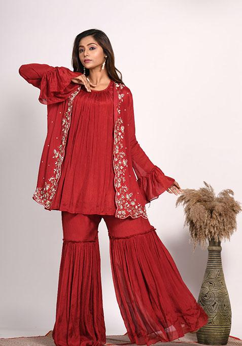 Red Embroidered Pure Chiffon Palazzo Set