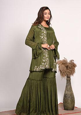 Green Embroidered Pure Chiffon Palazzo Set