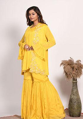 Yellow Embroidered Pure Chiffon Palazzo Set