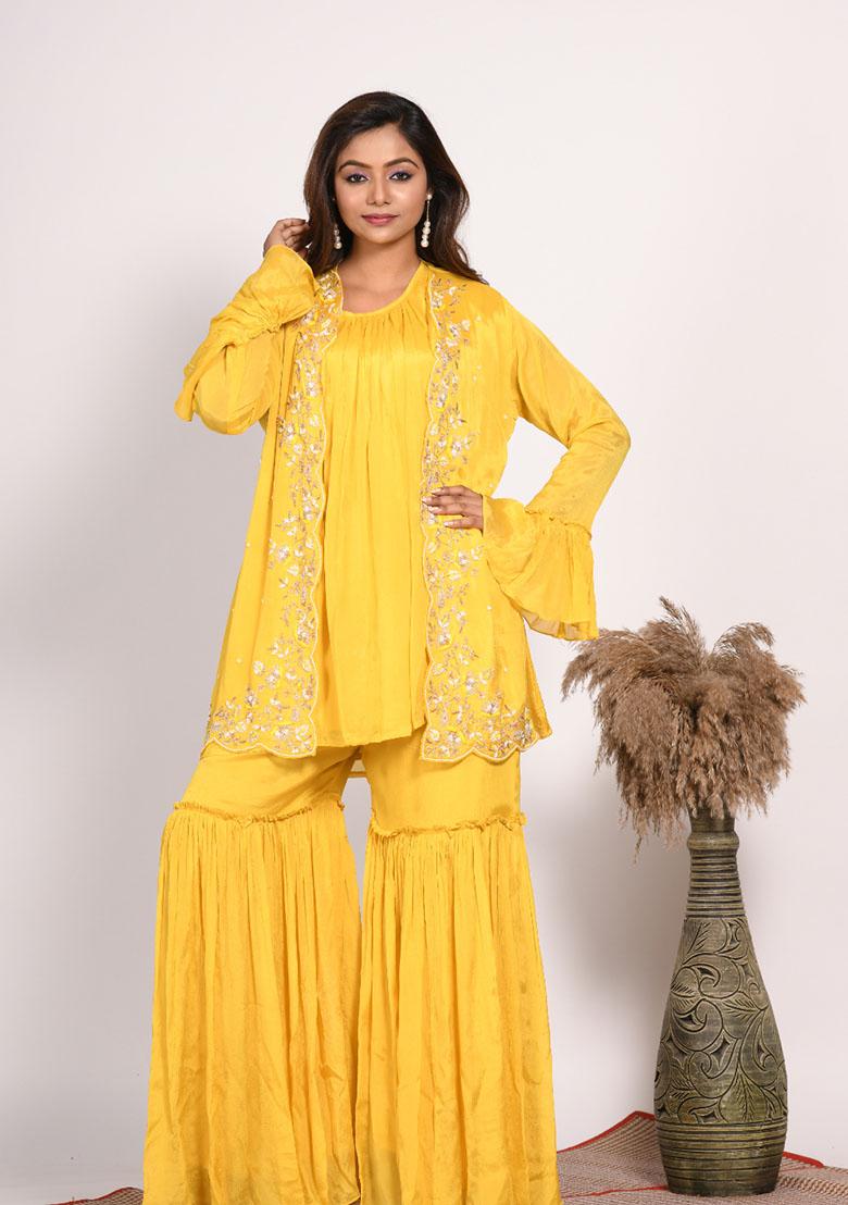 Yellow Embroidered Pure Chiffon Palazzo Set