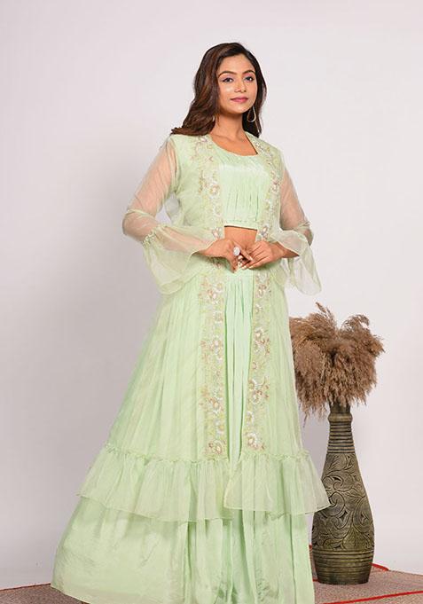 Green Embroidered Pure Crepe Palazzo Set