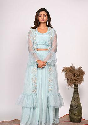 Blue Embroidered Pure Crepe Palazzo Set