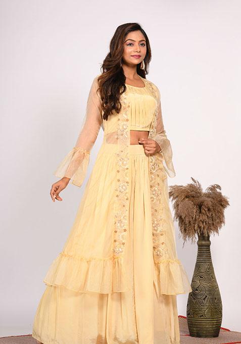 Yellow Embroidered Pure Crepe Palazzo Set