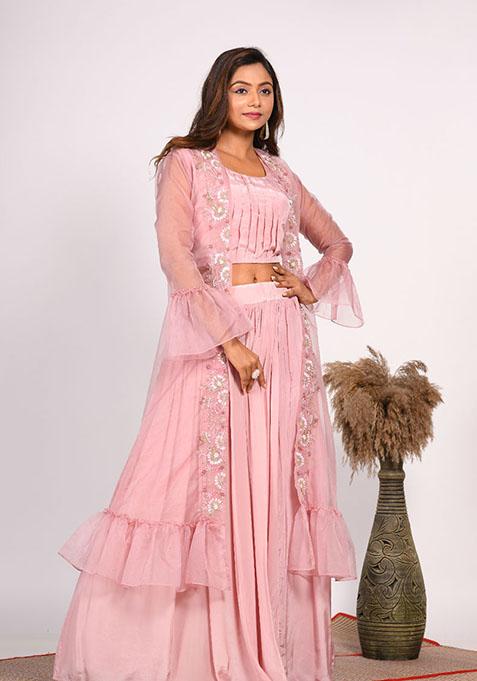 Pink Embroidered Pure Crepe Palazzo Set