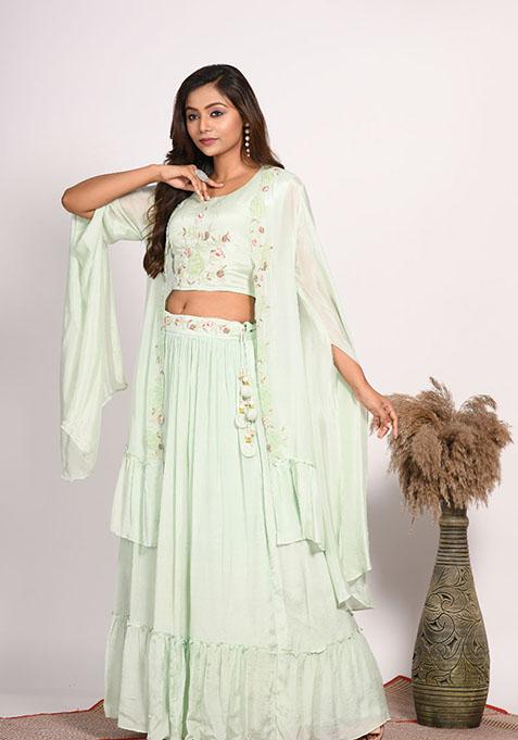 Green Embroidered Pure Chiffon Palazzo Set