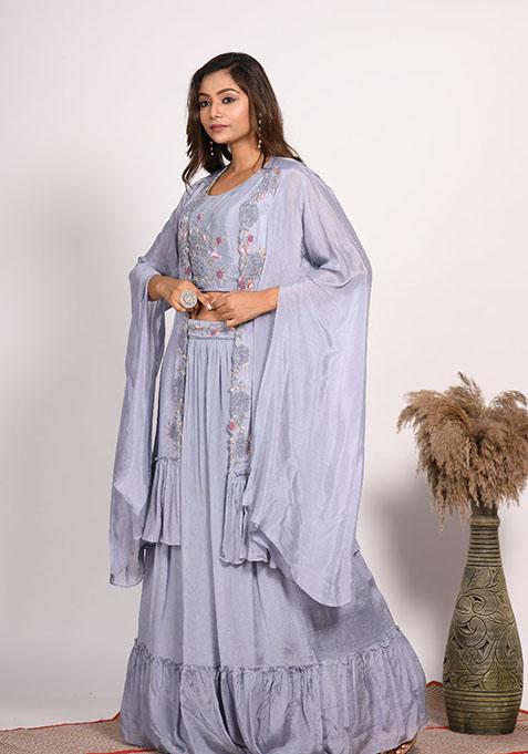 Grey Embroidered Pure Chiffon Palazzo Set