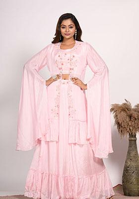 Pink Embroidered Pure Chiffon Palazzo Set