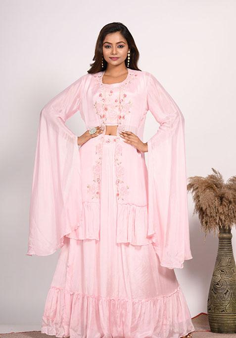 Pink Embroidered Pure Chiffon Palazzo Set