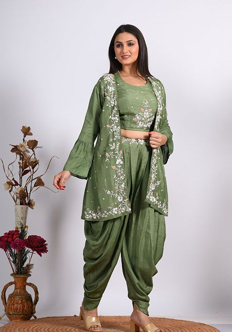 Green Embroidered Pure Chiffon Palazzo Set