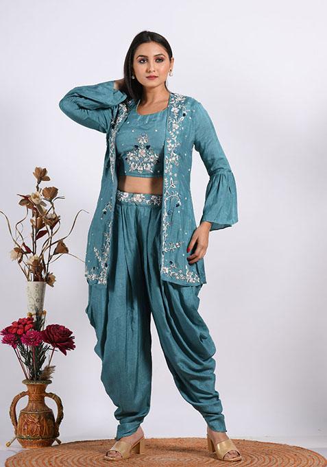 Blue Embroidered Pure Chiffon Palazzo Set