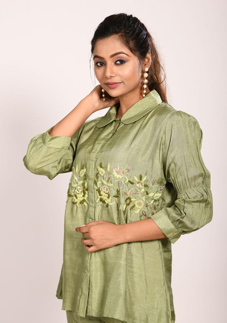 Green Embroidered Pure Silk Palazzo Set