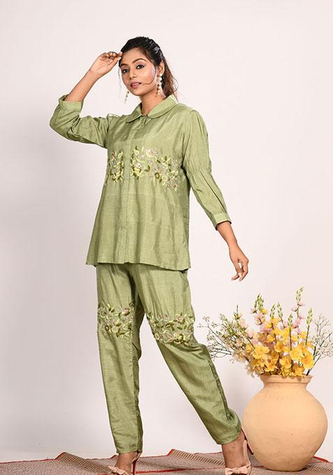 Green Embroidered Pure Silk Palazzo Set