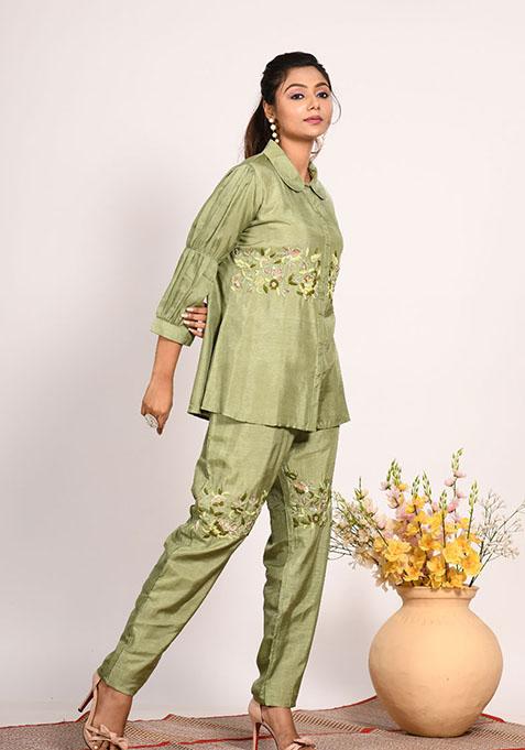 Green Embroidered Pure Silk Palazzo Set