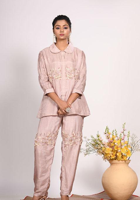 Cream Embroidered Pure Silk Palazzo Set