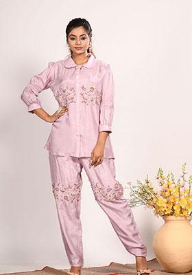 Purple Embroidered Pure Silk Palazzo Set