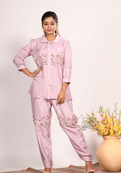 Purple Embroidered Pure Silk Palazzo Set