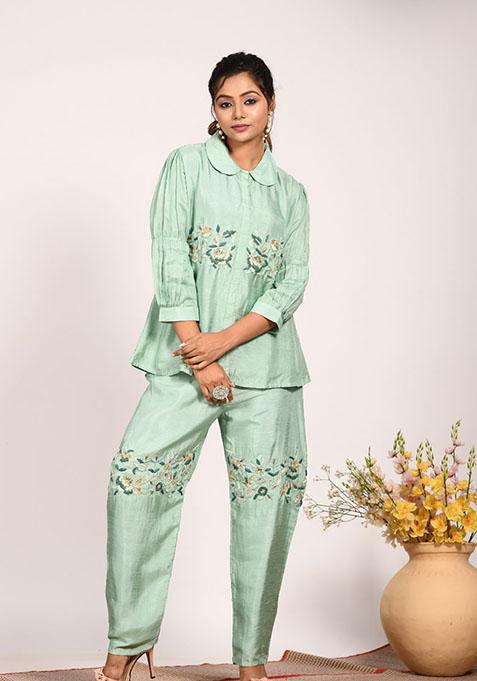 Green Embroidered Pure Silk Palazzo Set