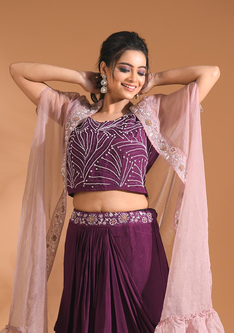 Blue Embroidered Pure Chiffon Palazzo Set - Indya