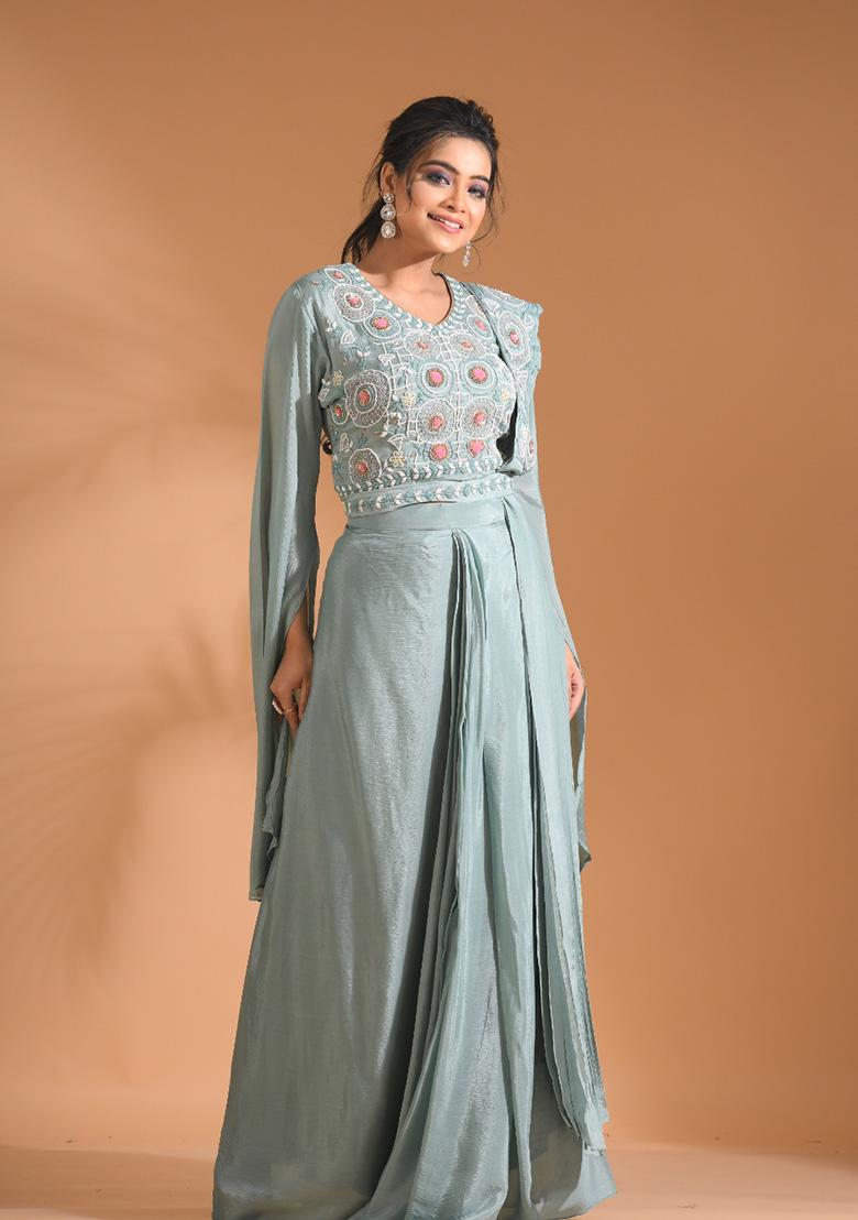 Blue Embroidered Pure Chiffon Palazzo Set - Indya