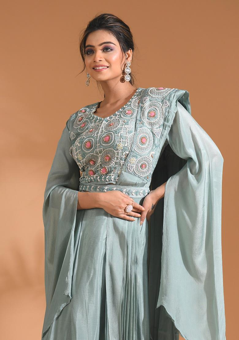 Blue Embroidered Pure Chiffon Palazzo Set - Indya